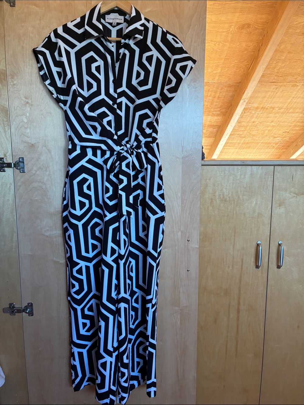 Geometric Black & White Tie-Waist Maxi Dress